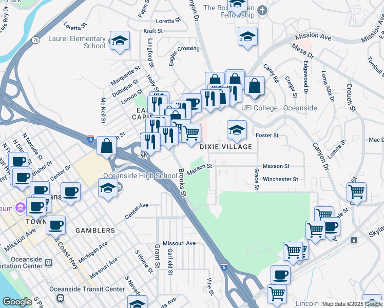 map of restaurants, bars, coffee shops, grocery stores, and more near 1527 Mission Avenue in Oceanside
