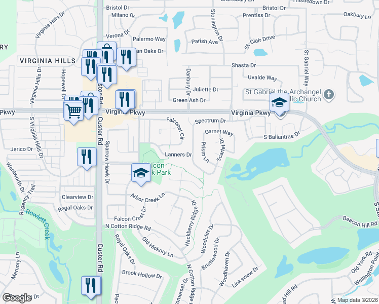 map of restaurants, bars, coffee shops, grocery stores, and more near 8408 Falconet Circle in McKinney