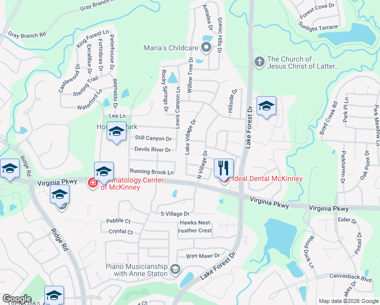 map of restaurants, bars, coffee shops, grocery stores, and more near 225 Lake Village Drive in McKinney