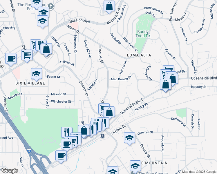 map of restaurants, bars, coffee shops, grocery stores, and more near 416 Crouch Street in Oceanside
