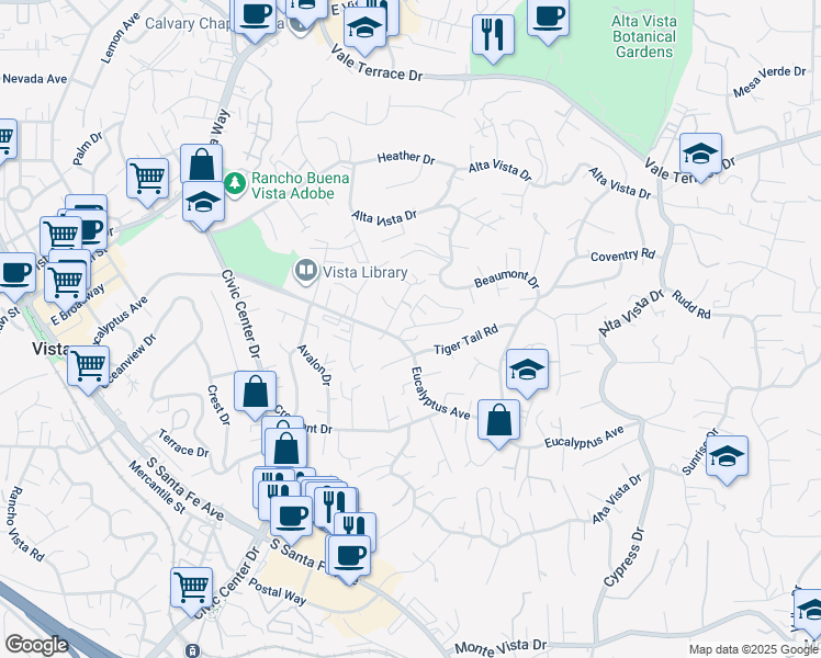map of restaurants, bars, coffee shops, grocery stores, and more near 903 Marlin Drive in Vista