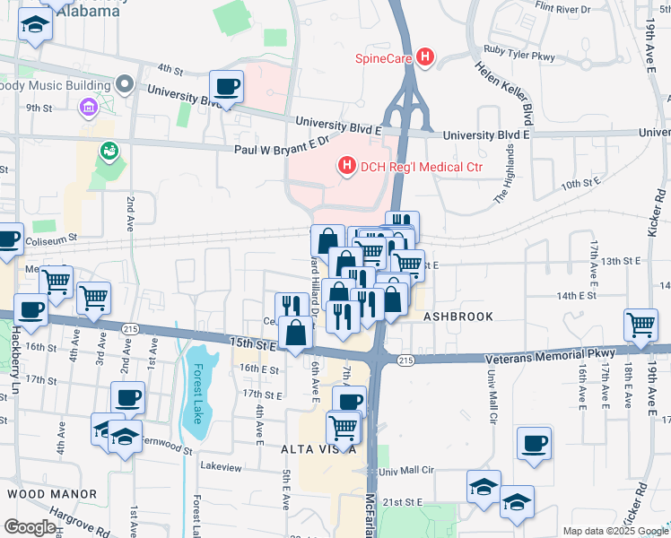map of restaurants, bars, coffee shops, grocery stores, and more near 617 13th Street East in Tuscaloosa