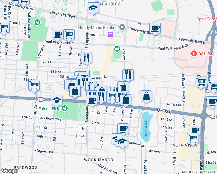 map of restaurants, bars, coffee shops, grocery stores, and more near 430 Meador Drive in Tuscaloosa