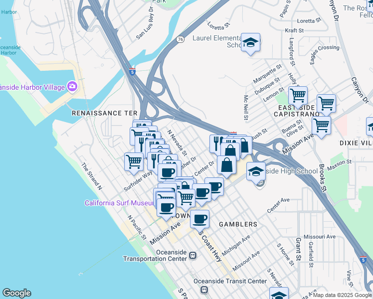 map of restaurants, bars, coffee shops, grocery stores, and more near 520 North Nevada Street in Oceanside