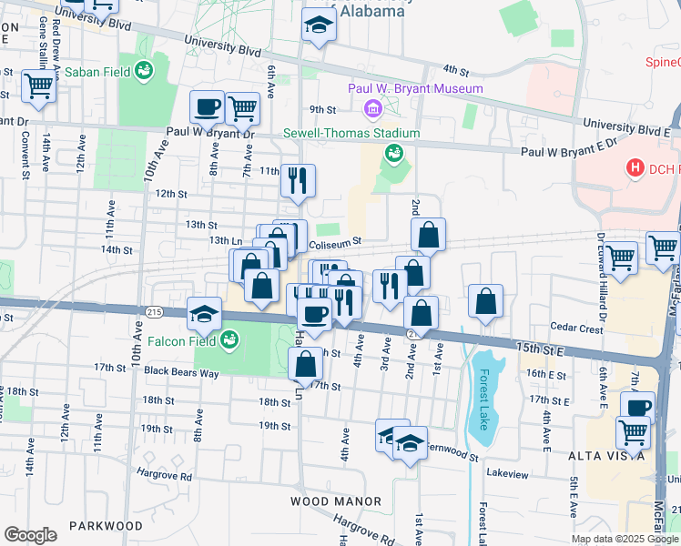 map of restaurants, bars, coffee shops, grocery stores, and more near 401 Meador Drive in Tuscaloosa
