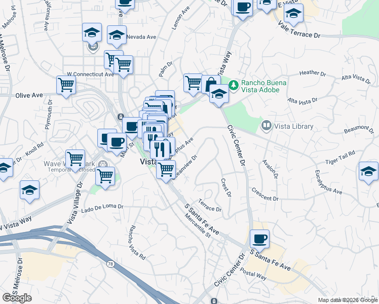 map of restaurants, bars, coffee shops, grocery stores, and more near 232 Oceanview Drive in Vista