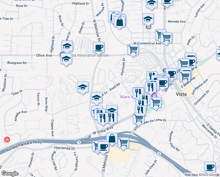 map of restaurants, bars, coffee shops, grocery stores, and more near in Vista
