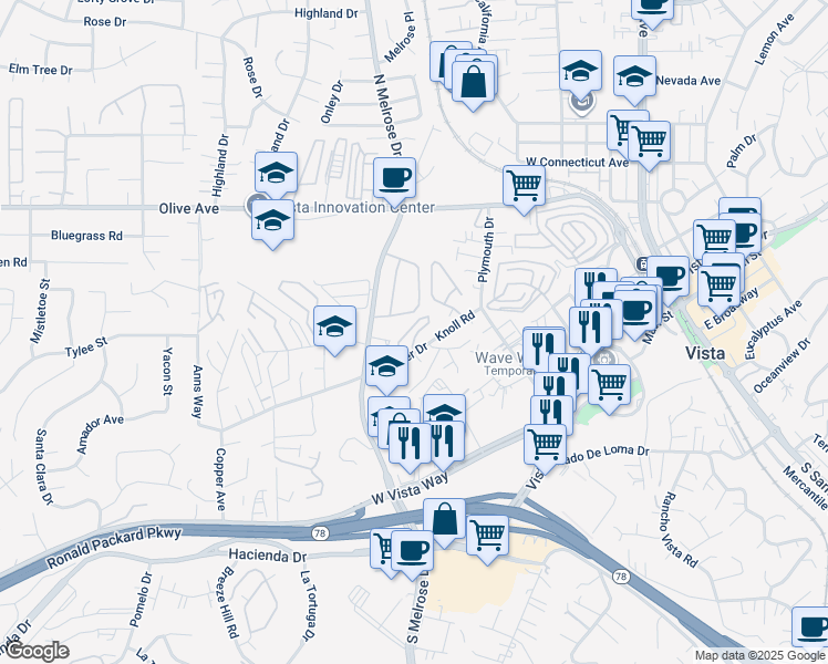 map of restaurants, bars, coffee shops, grocery stores, and more near in Vista