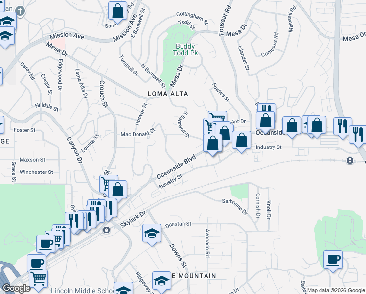 map of restaurants, bars, coffee shops, grocery stores, and more near 509 South Barnwell Street in Oceanside