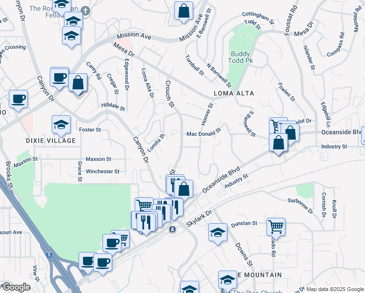map of restaurants, bars, coffee shops, grocery stores, and more near 416 Crouch Street in Oceanside