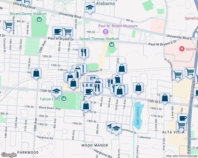 map of restaurants, bars, coffee shops, grocery stores, and more near 25 Meador Drive in Tuscaloosa
