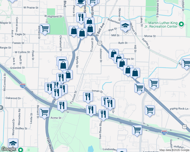 map of restaurants, bars, coffee shops, grocery stores, and more near 109 East Daugherty Street in Denton