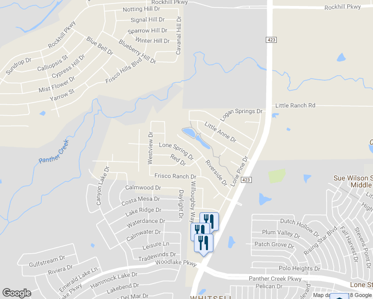 map of restaurants, bars, coffee shops, grocery stores, and more near 14900 Lone Spring Drive in Little Elm