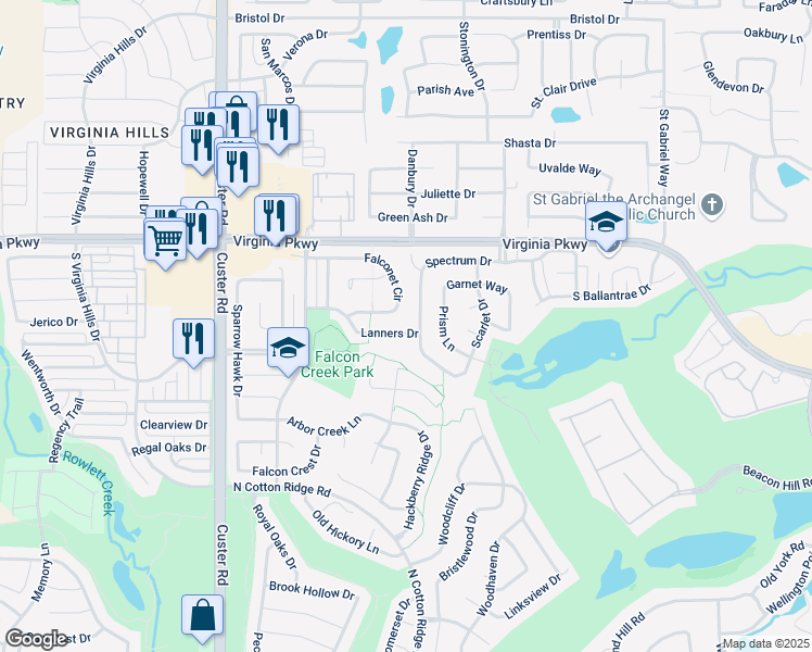 map of restaurants, bars, coffee shops, grocery stores, and more near 8408 Falconet Circle in McKinney