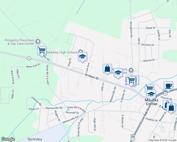 map of restaurants, bars, coffee shops, grocery stores, and more near 100 Law Avenue in Moncks Corner