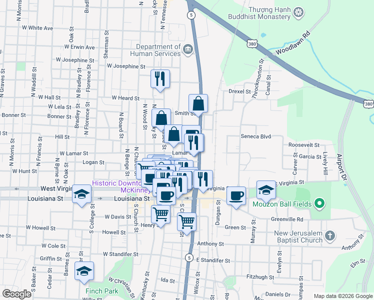 map of restaurants, bars, coffee shops, grocery stores, and more near 405 North Chestnut Street in McKinney