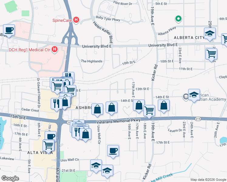 map of restaurants, bars, coffee shops, grocery stores, and more near 1309 13th Street East in Tuscaloosa
