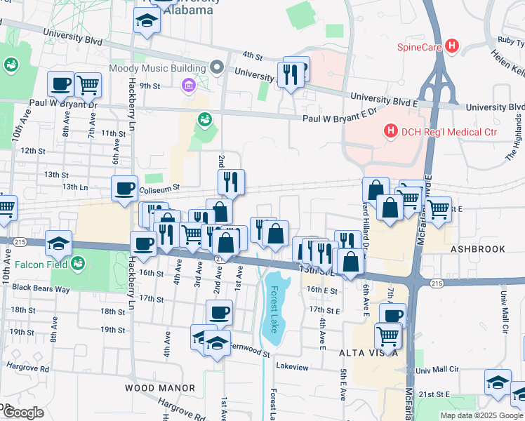 map of restaurants, bars, coffee shops, grocery stores, and more near 120 15th Street East in Tuscaloosa