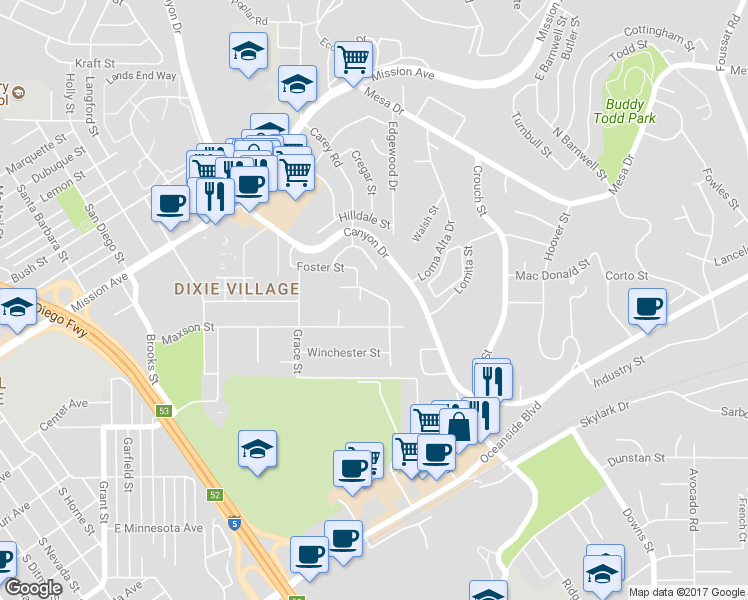 map of restaurants, bars, coffee shops, grocery stores, and more near 2271 Saratoga Street in Oceanside
