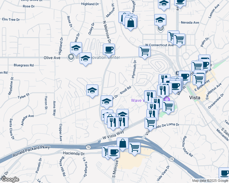 map of restaurants, bars, coffee shops, grocery stores, and more near in Vista