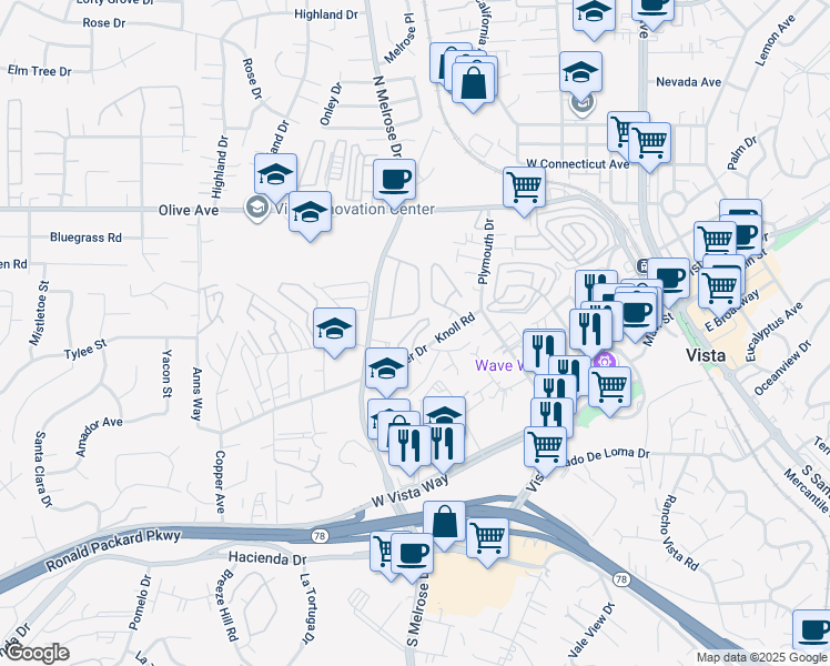 map of restaurants, bars, coffee shops, grocery stores, and more near 355 Windy Lane in Vista