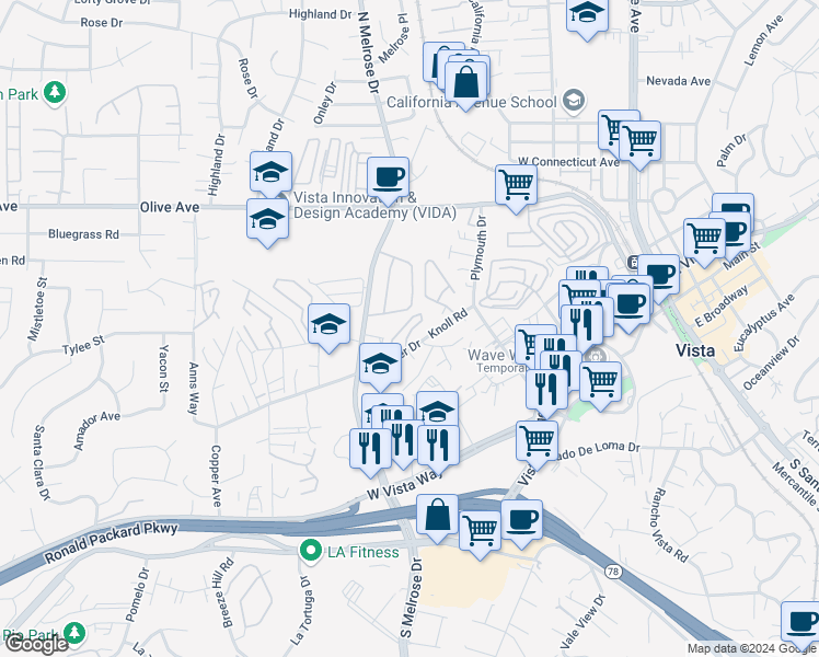 map of restaurants, bars, coffee shops, grocery stores, and more near 348 Windy Lane in Vista