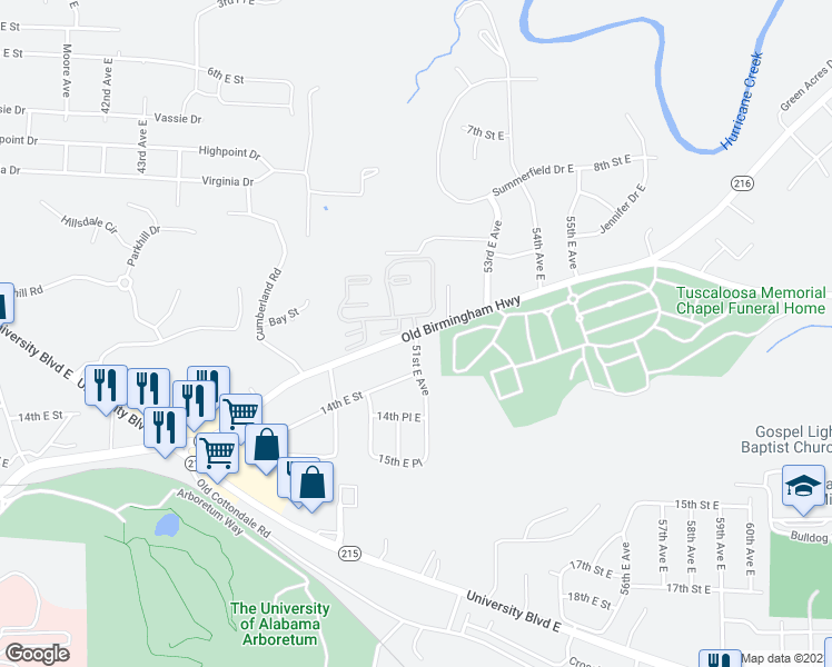 map of restaurants, bars, coffee shops, grocery stores, and more near 5075 Old Birmingham Highway in Tuscaloosa
