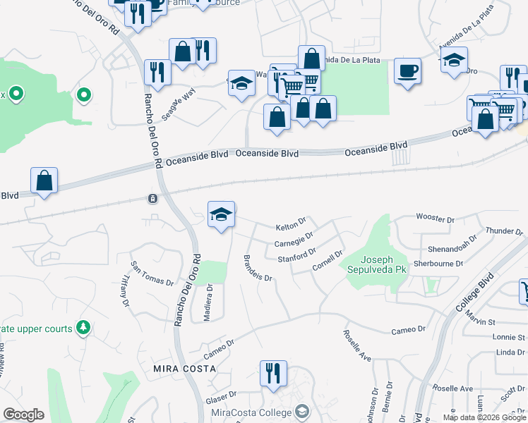 map of restaurants, bars, coffee shops, grocery stores, and more near 3746 Kelton Drive in Oceanside