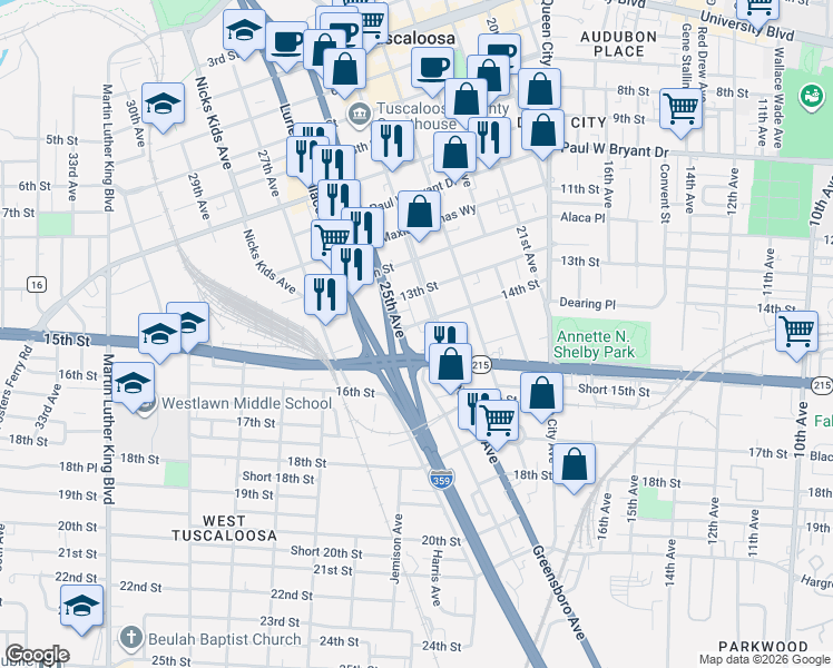map of restaurants, bars, coffee shops, grocery stores, and more near 2417 14th Street in Tuscaloosa