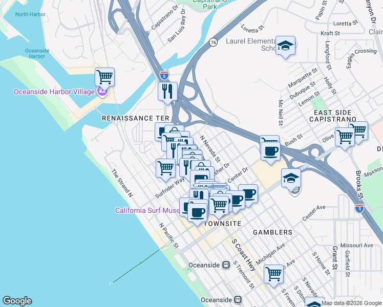 map of restaurants, bars, coffee shops, grocery stores, and more near 704 North Freeman Street in Oceanside