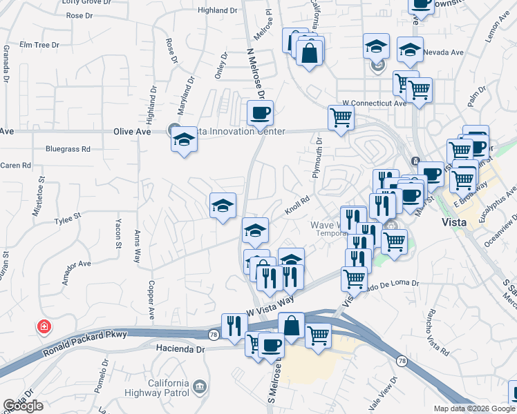 map of restaurants, bars, coffee shops, grocery stores, and more near 325 North Melrose Drive in Vista