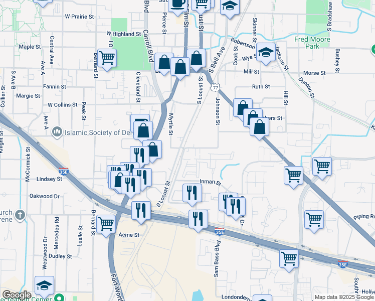 map of restaurants, bars, coffee shops, grocery stores, and more near 104 East Daugherty Street in Denton