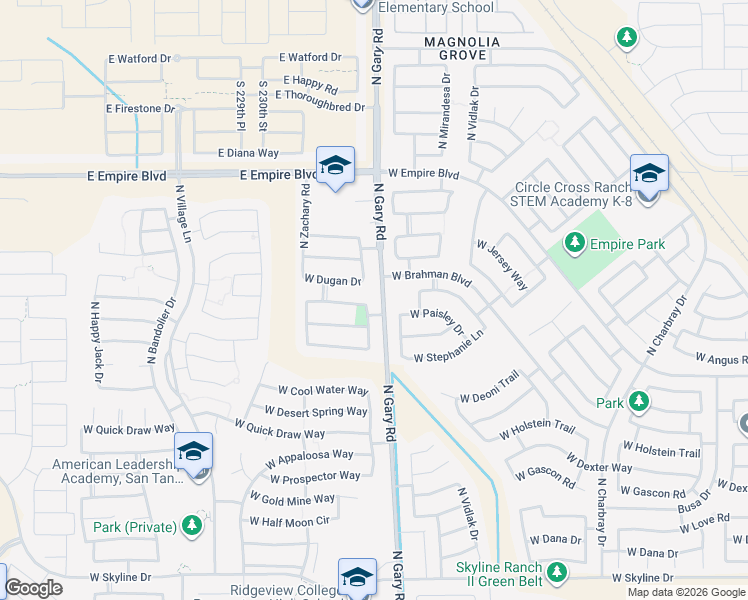 map of restaurants, bars, coffee shops, grocery stores, and more near 1630 West Paisley Drive in Queen Creek