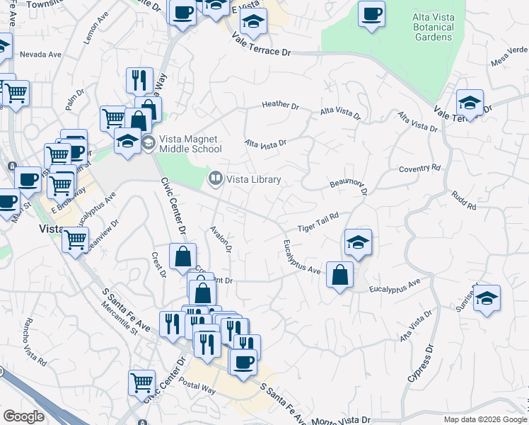 map of restaurants, bars, coffee shops, grocery stores, and more near 850 Eucalyptus Avenue in Vista