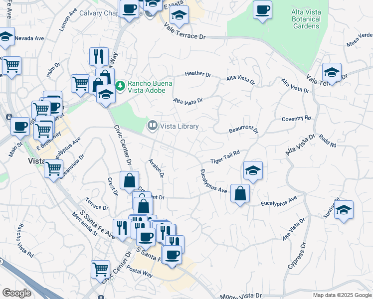map of restaurants, bars, coffee shops, grocery stores, and more near 850 Eucalyptus Avenue in Vista