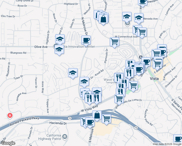 map of restaurants, bars, coffee shops, grocery stores, and more near 348 Windy Lane in Vista