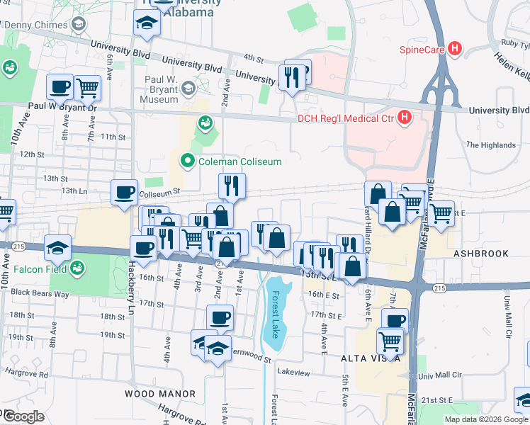 map of restaurants, bars, coffee shops, grocery stores, and more near 120 15th Street East in Tuscaloosa