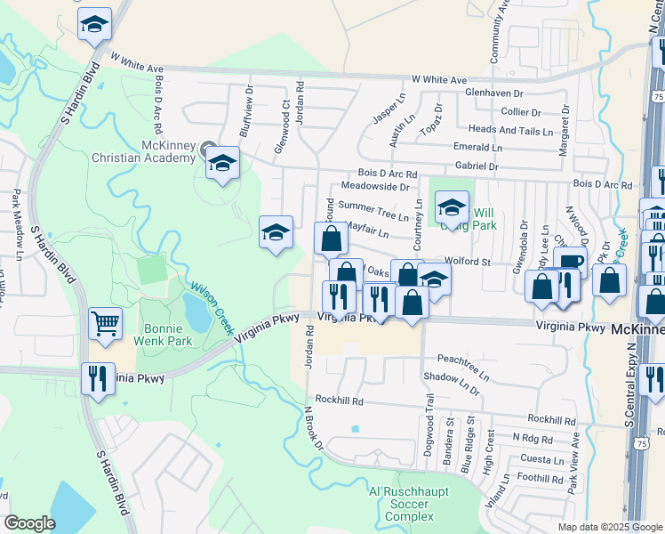 map of restaurants, bars, coffee shops, grocery stores, and more near 204 Devonshire Court in McKinney