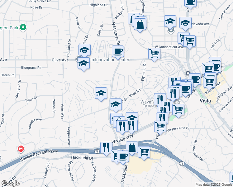 map of restaurants, bars, coffee shops, grocery stores, and more near 313 North Melrose Drive in Vista