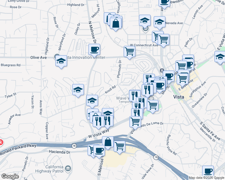 map of restaurants, bars, coffee shops, grocery stores, and more near 241 Knoll Road in Vista