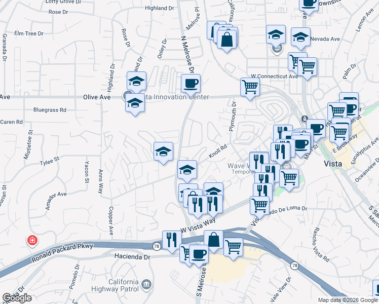 map of restaurants, bars, coffee shops, grocery stores, and more near 317 North Melrose Drive in Vista