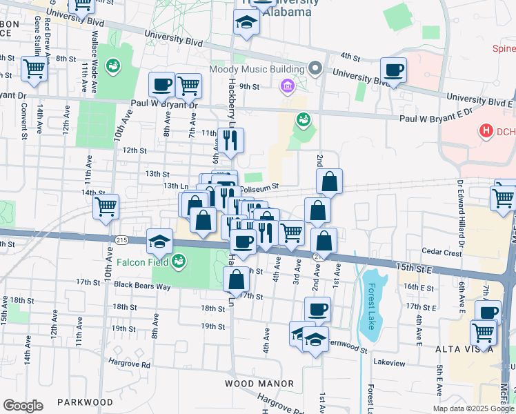 map of restaurants, bars, coffee shops, grocery stores, and more near 13 Meador Drive in Tuscaloosa