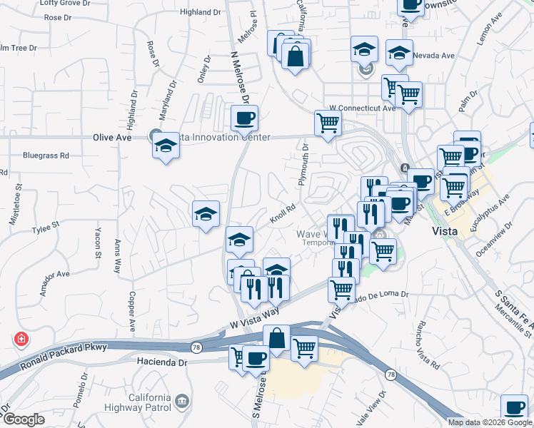 map of restaurants, bars, coffee shops, grocery stores, and more near in Vista