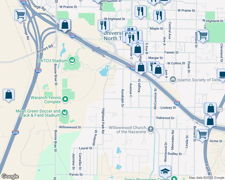 map of restaurants, bars, coffee shops, grocery stores, and more near 1912 Highland Park Circle in Denton