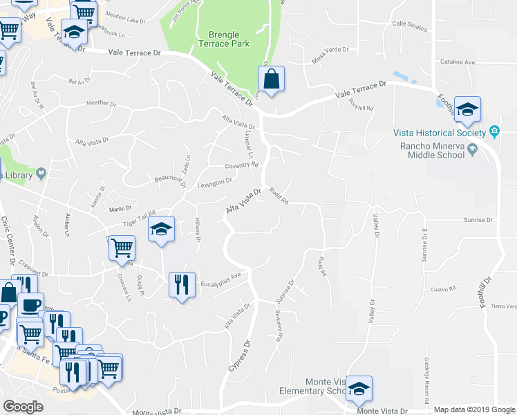 map of restaurants, bars, coffee shops, grocery stores, and more near 1670 Alta Vista Drive in Vista