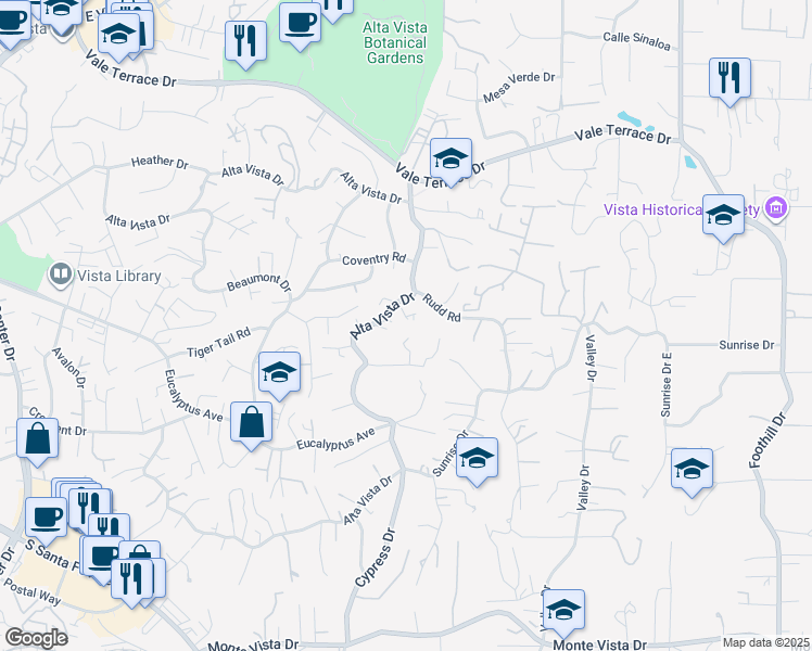 map of restaurants, bars, coffee shops, grocery stores, and more near 1670 Alta Vista Drive in Vista