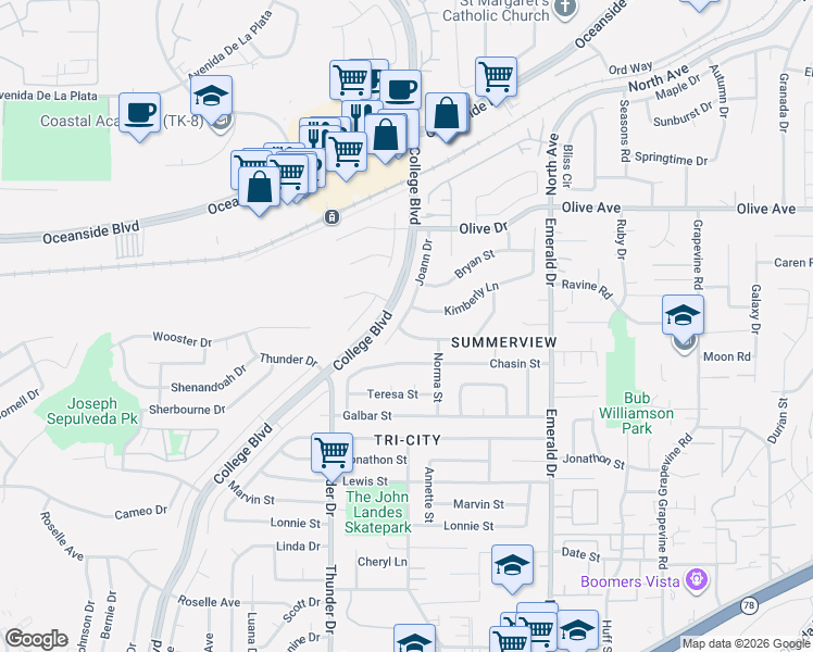 map of restaurants, bars, coffee shops, grocery stores, and more near 4128 Terry Street in Oceanside