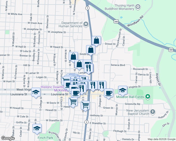 map of restaurants, bars, coffee shops, grocery stores, and more near 404 South McDonald Street in McKinney