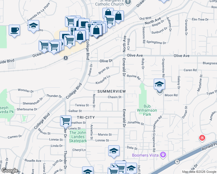 map of restaurants, bars, coffee shops, grocery stores, and more near 4197 Terry Street in Oceanside
