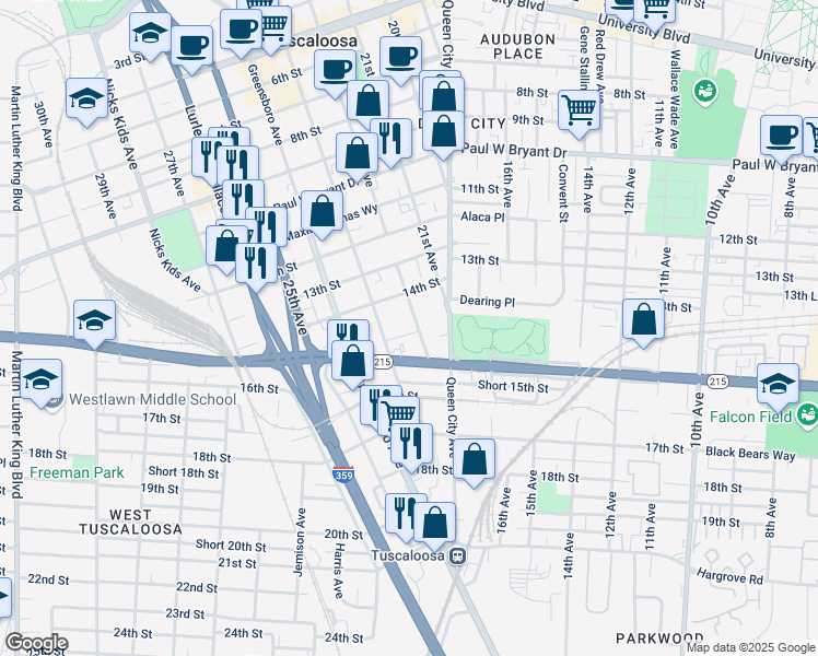 map of restaurants, bars, coffee shops, grocery stores, and more near 1417 23rd Avenue in Tuscaloosa